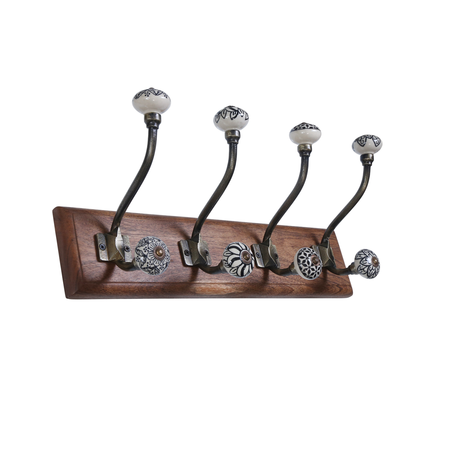 Wall mounted heavy coat & hat hook rack with 4 iron & ceramic hooks